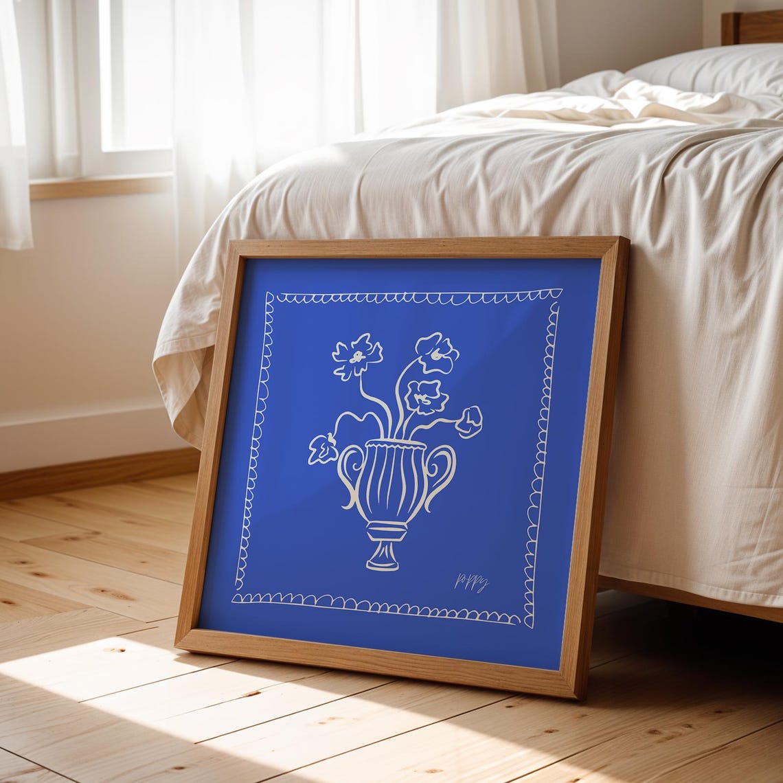 Cobalt Blue Background Cream Line Poppies Vase Modern Wall Poster - Image 2