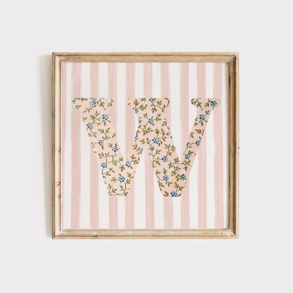W Square Initial Floral Watercolor Art Print, Vintage
