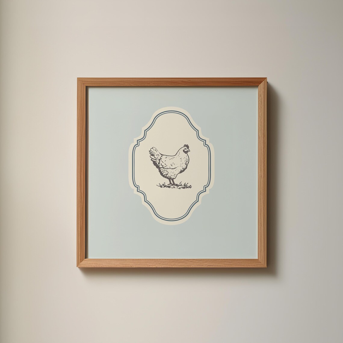 Vintage Hen Farm Chicken Line Art Baby Blue Ornate Square Poster