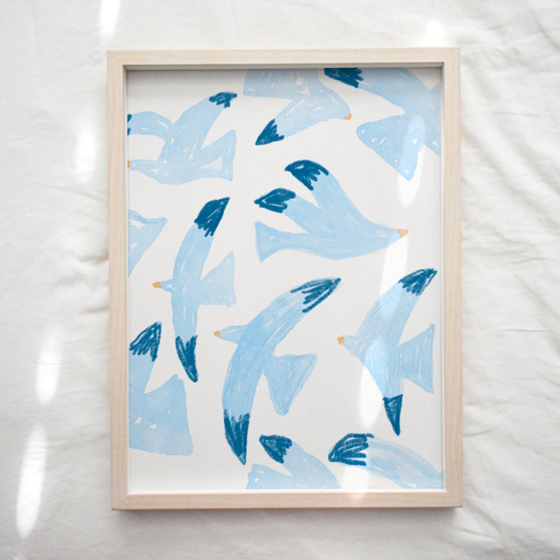 Blue Seagull Birds Pattern White Background Coastal Art Print - Image 2