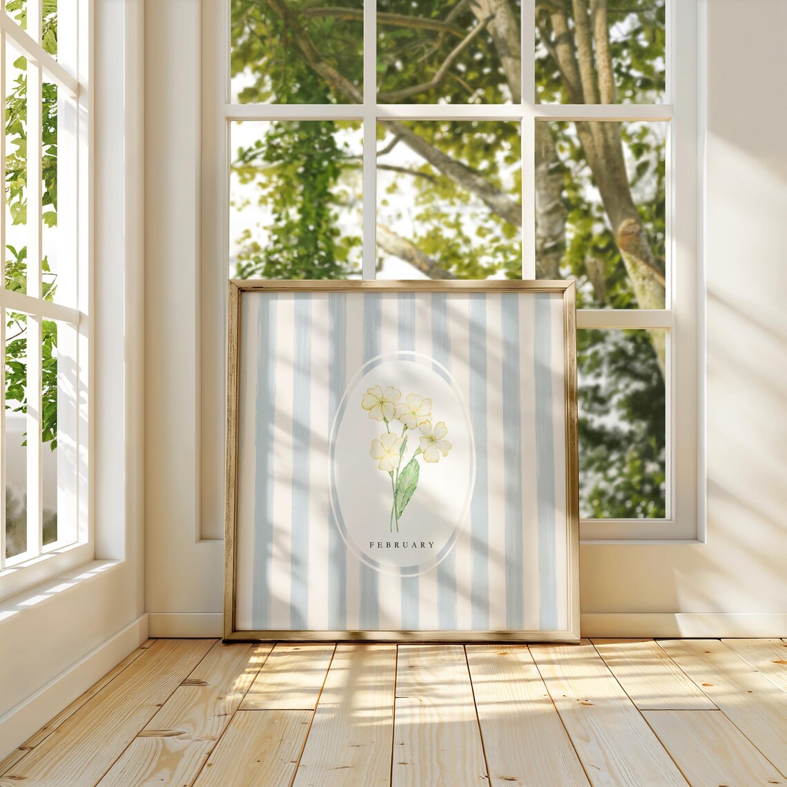 February Primrose Birth Month Flower Blue Stripe Watercolor Botanical Poster - Image 3