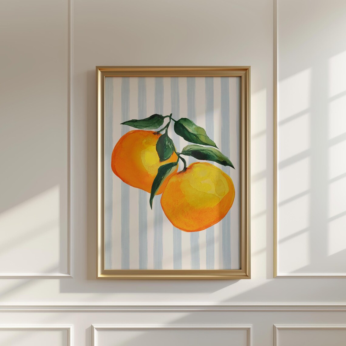 Blue Striped Minimal Berry Art Print, Vintage Floral
