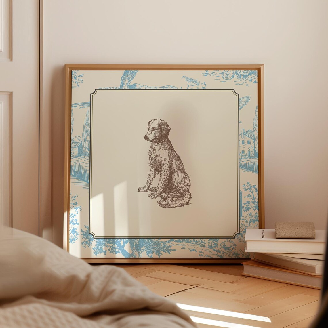 Vintage Blue Toile Sitting Puppy Sketch Cottage Nursery Wall Art Print - Image 2