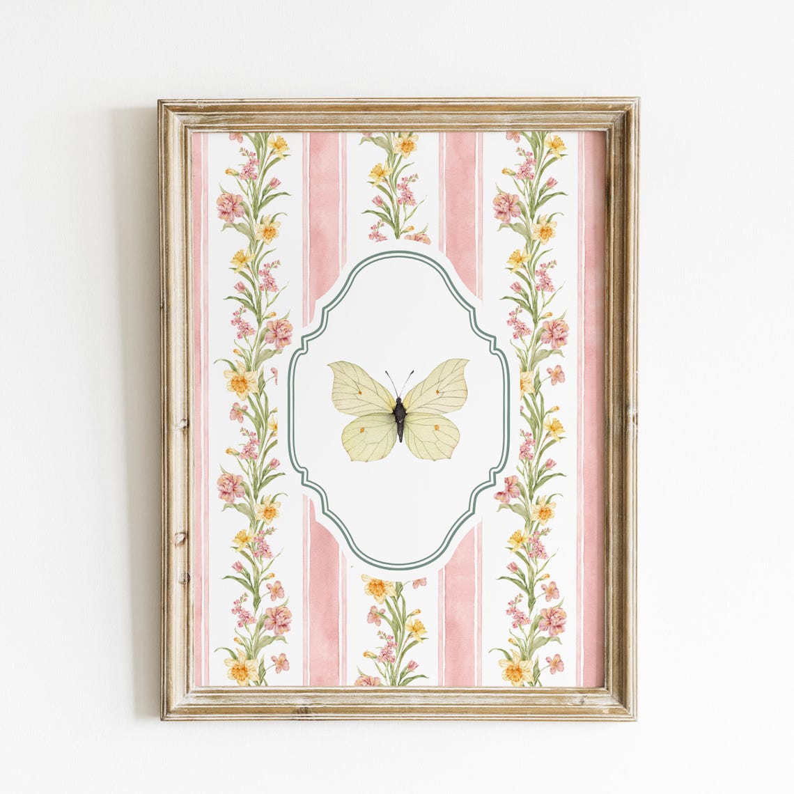 Pale Green Butterfly Pink Striped Floral Nursery Wall Art Poster - Image 3