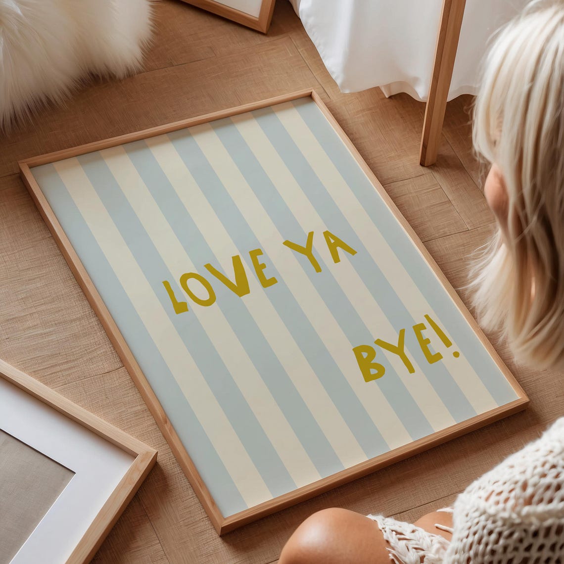 Love Ya Bye Mustard Quote Blue Striped Entryway Wall Art Poster - Image 3