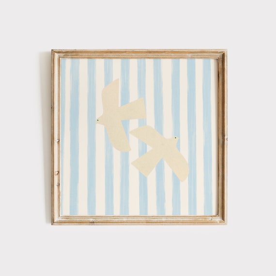 Blue Striped Dove Art Print, Cottage Nursery Decor