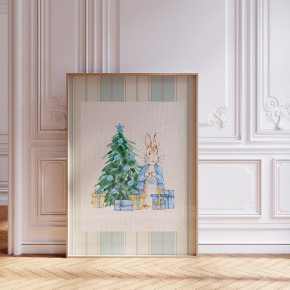 Christmas Peter Rabbit Print Wall Art Trendy Decor Abstract Vintage Painting Thin Line Products Blue Toile Nursery