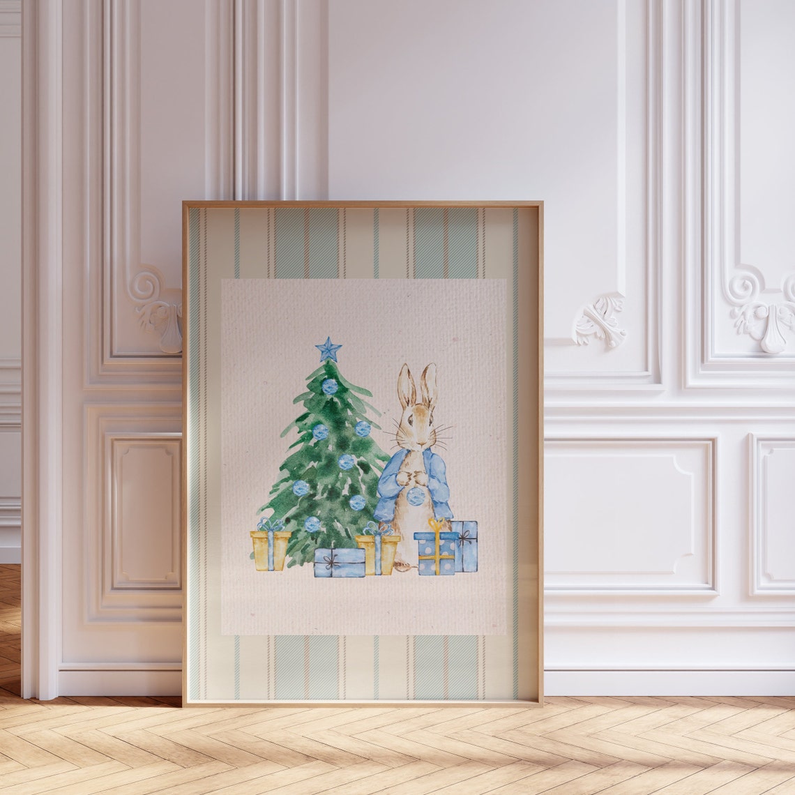Peter Rabbit Christmas Tree Blue Gold Gifts Holiday Nursery Poster