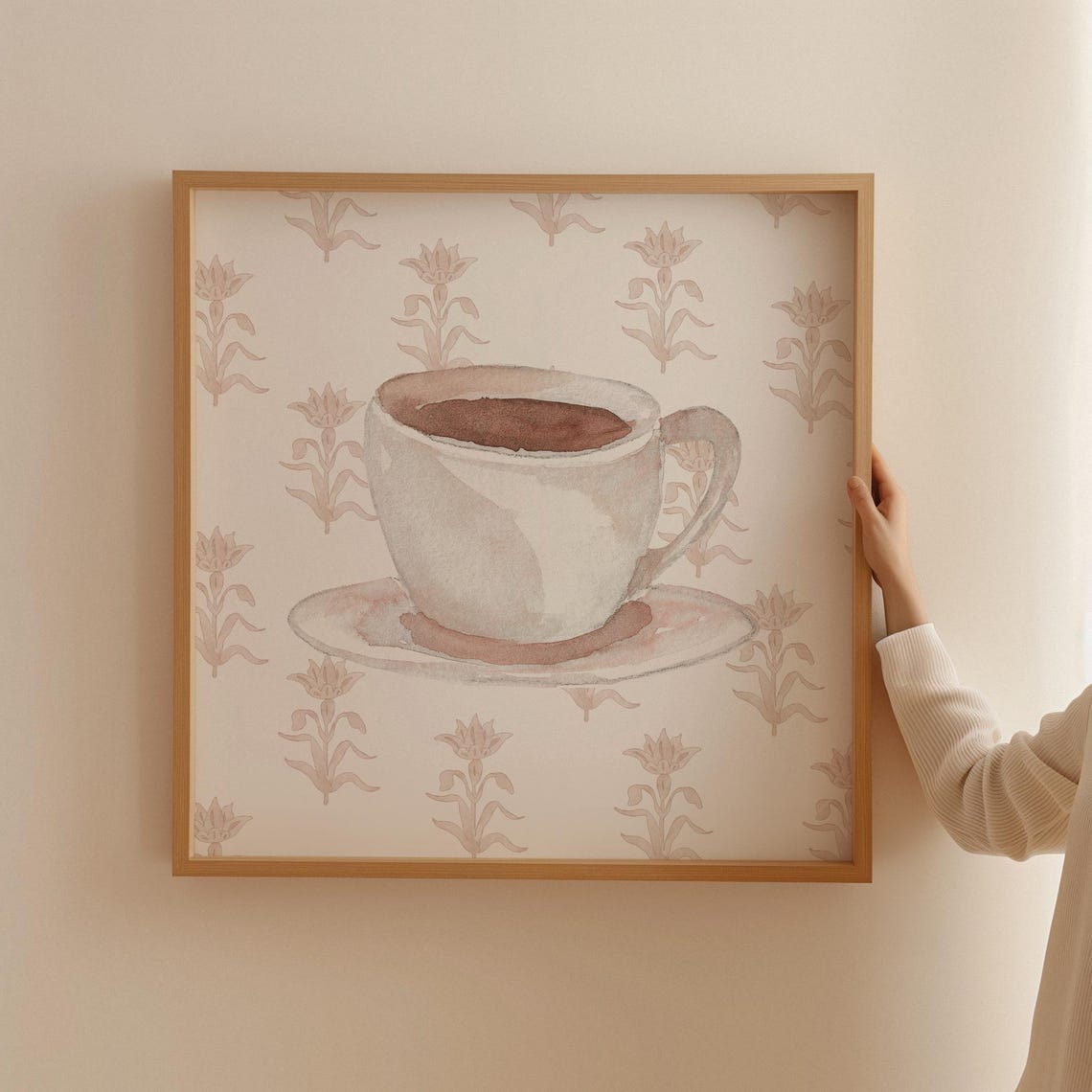 Cozy Mocha Latte Coffee Cup Watercolor on Pink Floral Poster - Image 2