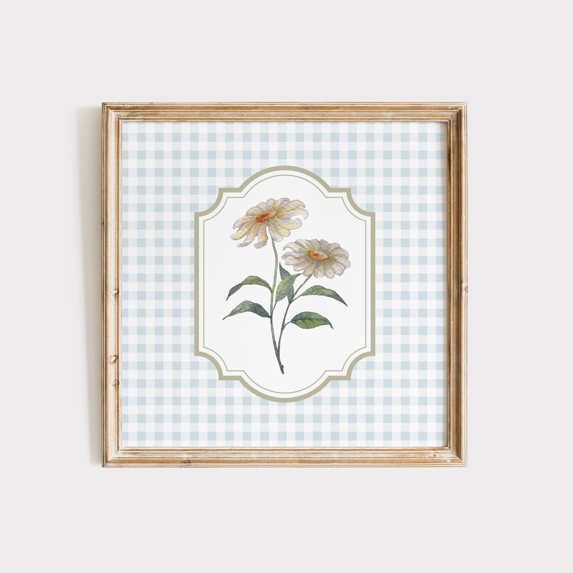 Cream Daisies With Orange Centers on Light Blue Gingham Vintage Poster