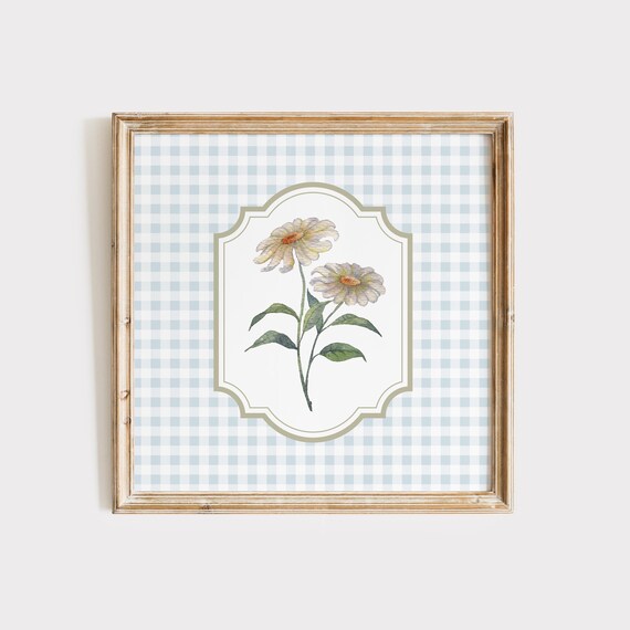Cream Daisies With Orange Centers on Light Blue Gingham Vintage Poster