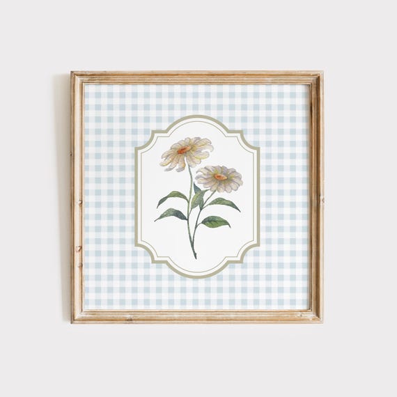 Vintage Blue Daisy Floral Square Print Instant Wall Art Trendy Decor Illustration Living Room Art Nursery Decor