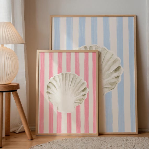 Bright Pink Striped Minimal Seashell Art Print Print Wall Art Trendy Decor Coastal Grandmother Cottage