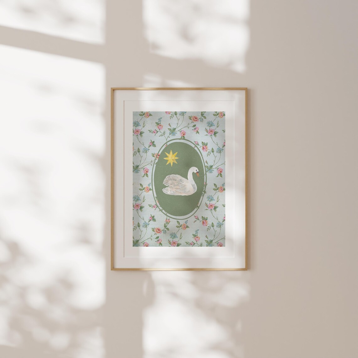 White Swan in Green Oval with Gold Star Floral Garden Poster - Image 2