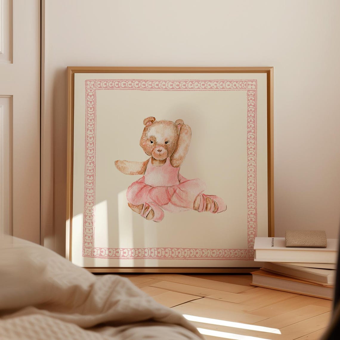 Teddy Bear Ballerina Tutu Watercolor Pink Border Nursery Wall Art - Image 4