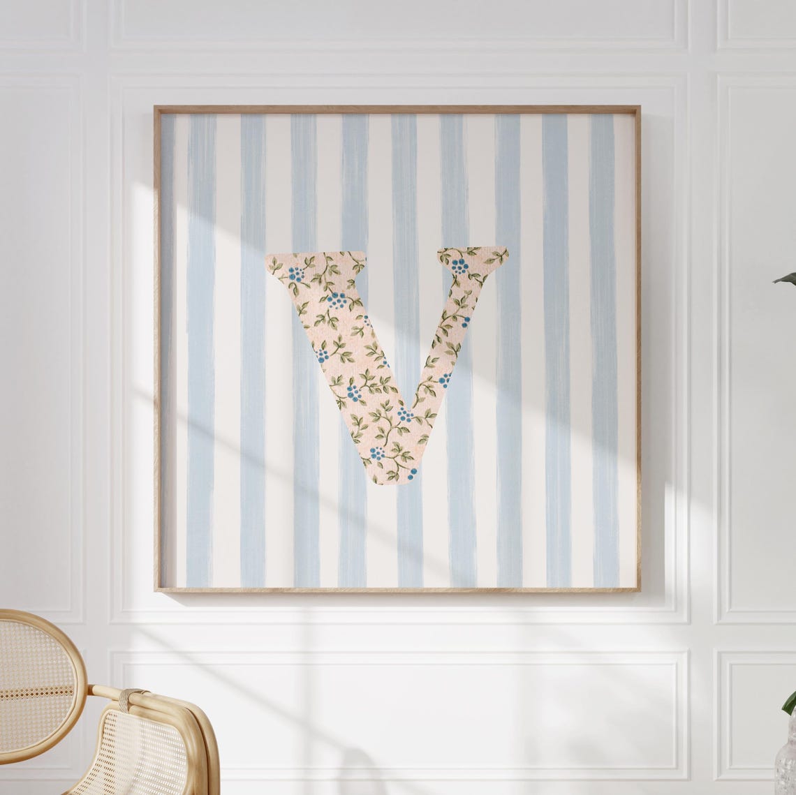 Vintage Floral Letter V Initial on Blue Striped Monogram Poster