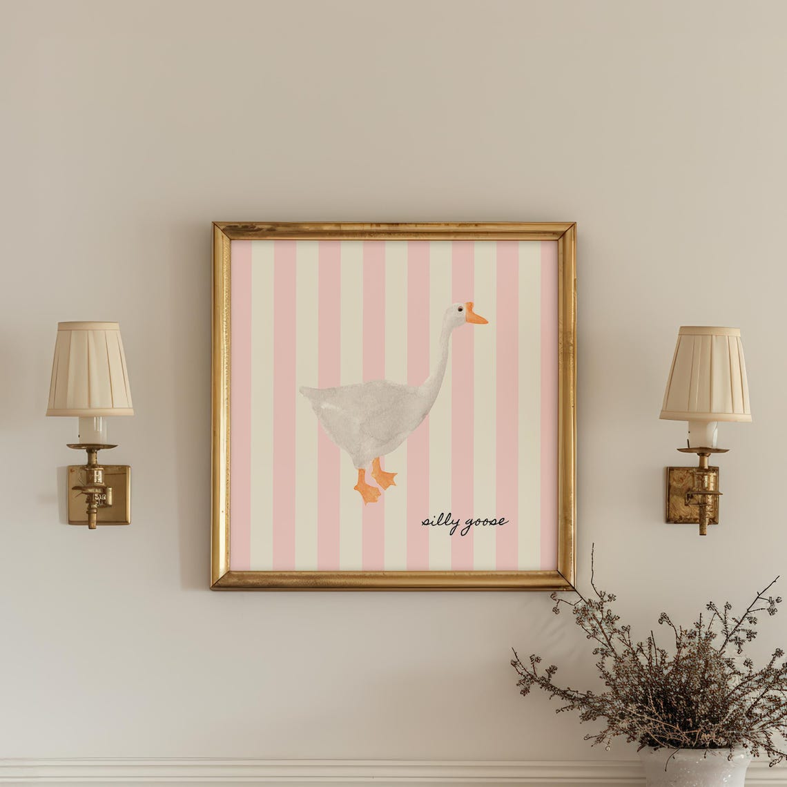 Silly Goose White Goose Watercolor Pink Striped Nursery Wall Poster - Image 2