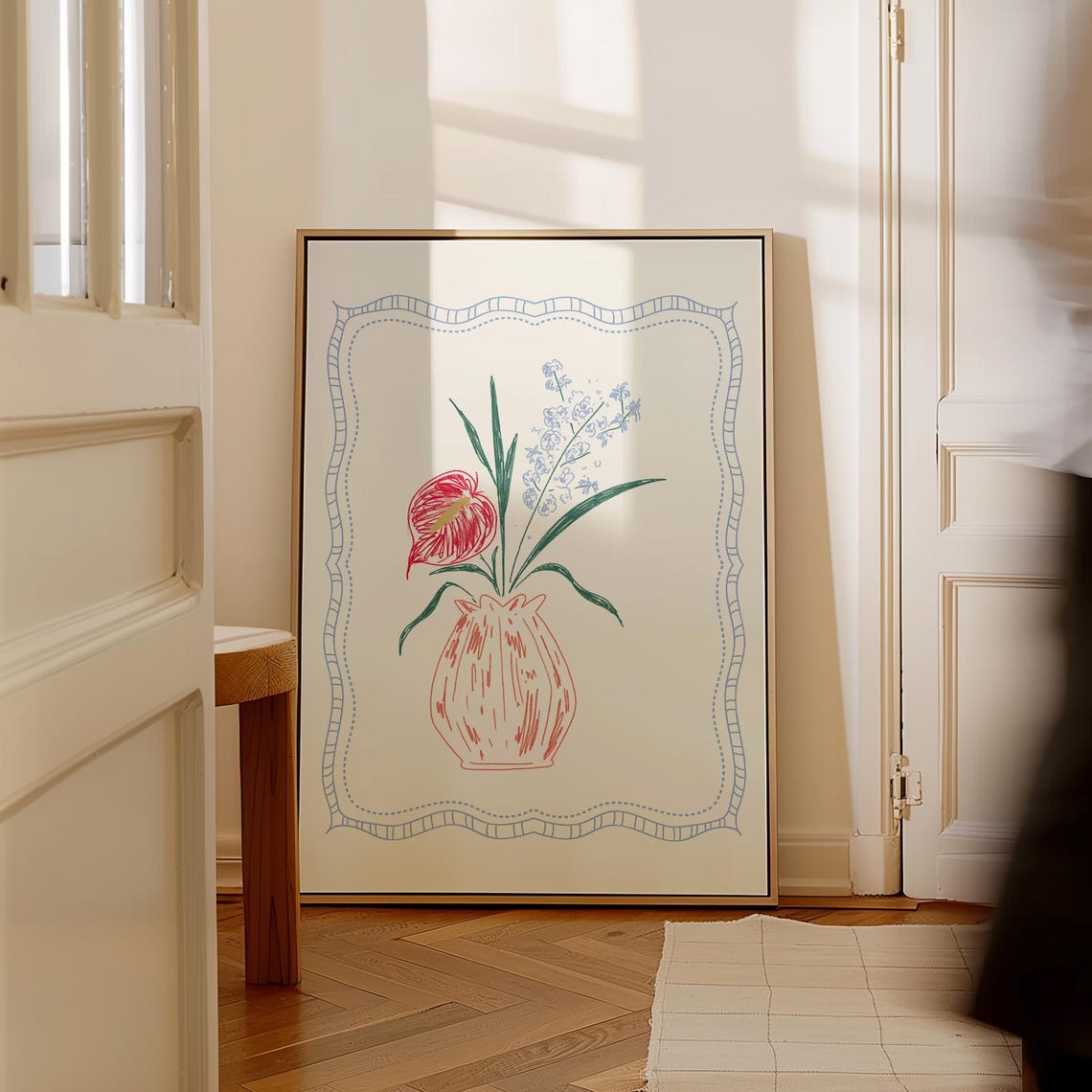 Red Anthurium Blue Blossom Bouquet Line Art Pink Vase Cottage Poster - Image 4