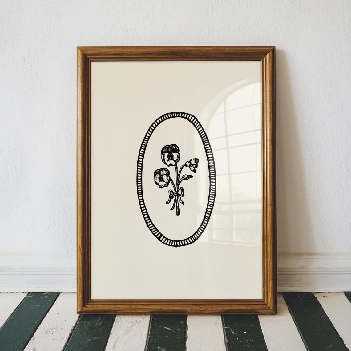 Black Ink Pansy Flower Posy Oval Border Botanical Sketch Art Poster - Image 3