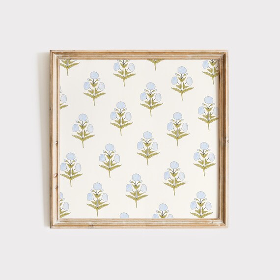 Blue Dahlia Sprig Floral Pattern Vintage Wallpaper Art Poster