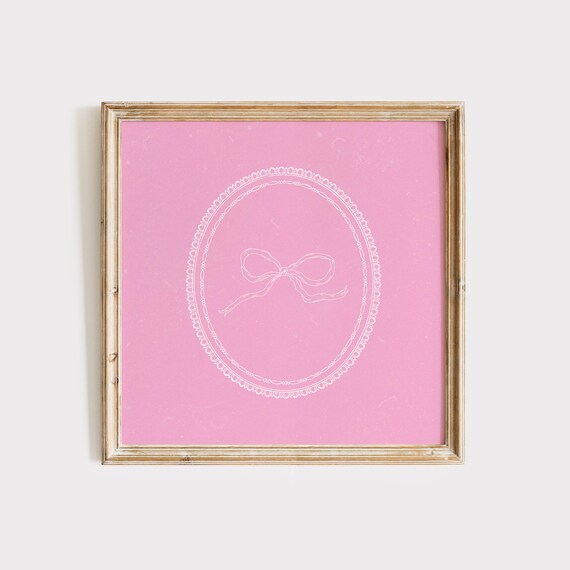Pink Bow Line Drawing in White Lace Oval Frame Square Poster
