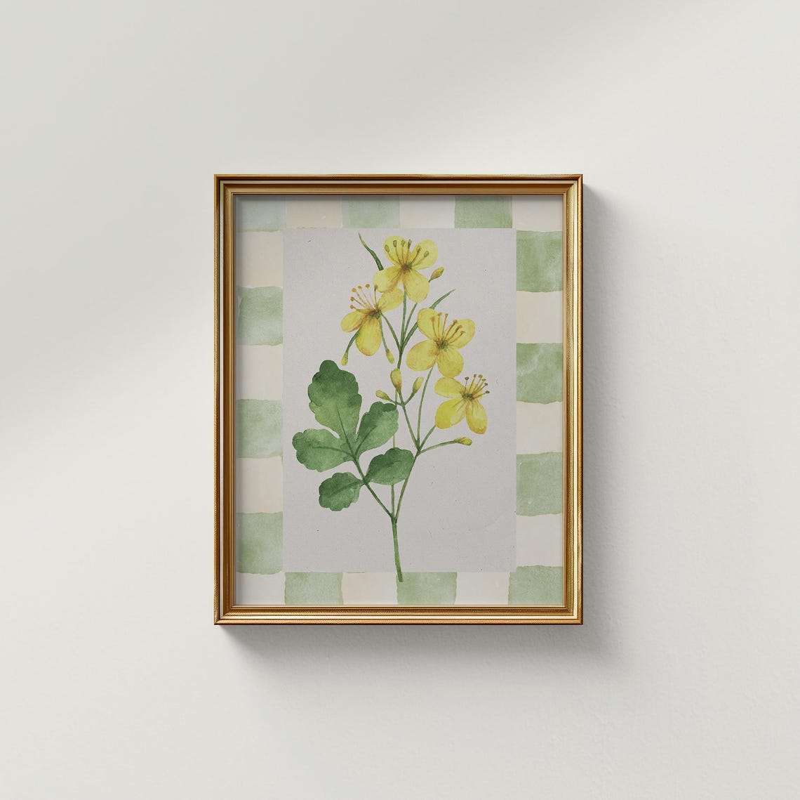 Yellow Wildflower Watercolor with Green Gingham Border Print - Image 3