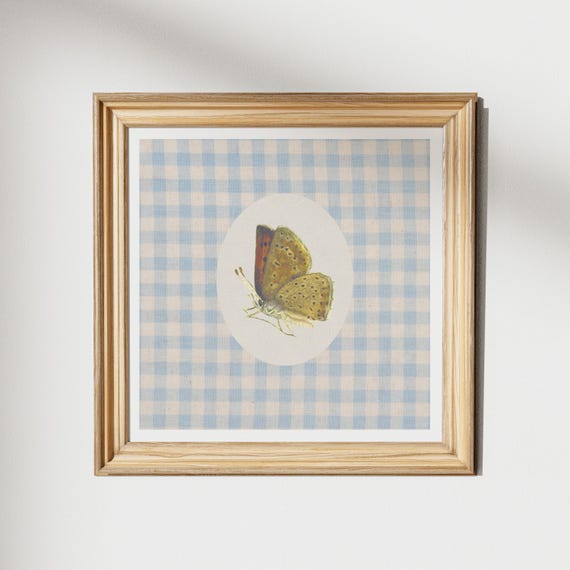 Vintage Gingham Butterfly Print Wall Art Kitchen Living Room Art Blue Thin Line Print Nursery Square Art