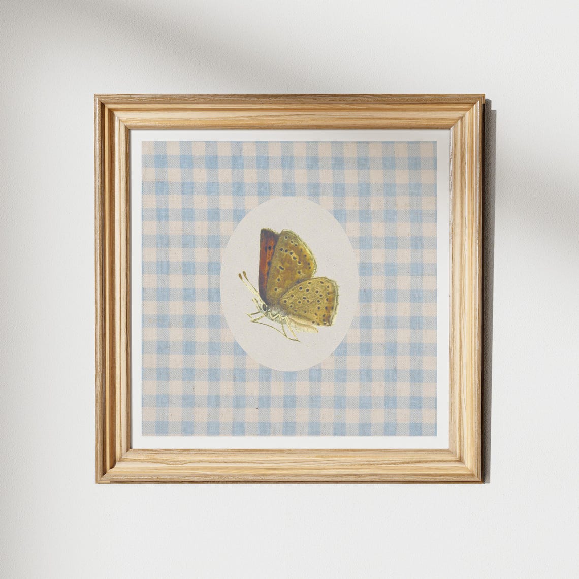 Vintage Gingham Butterfly Print Wall Art Kitchen Living Room Art Blue Thin Line Print Nursery Square Art