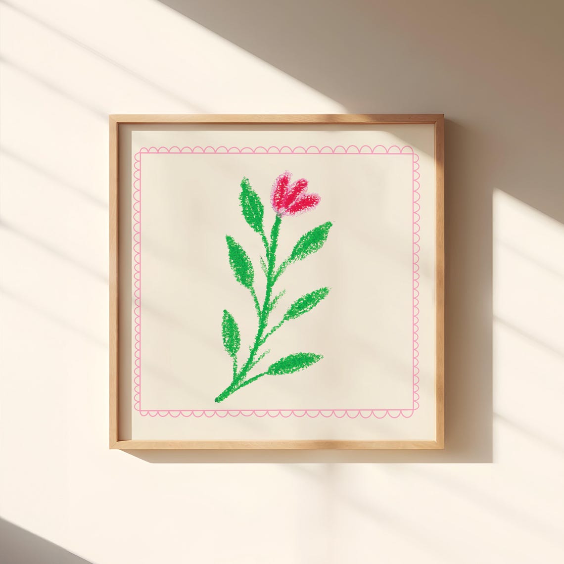 Pink Flower Doodle Green Stem Scalloped Border Playful Kids Wall Art - Image 3
