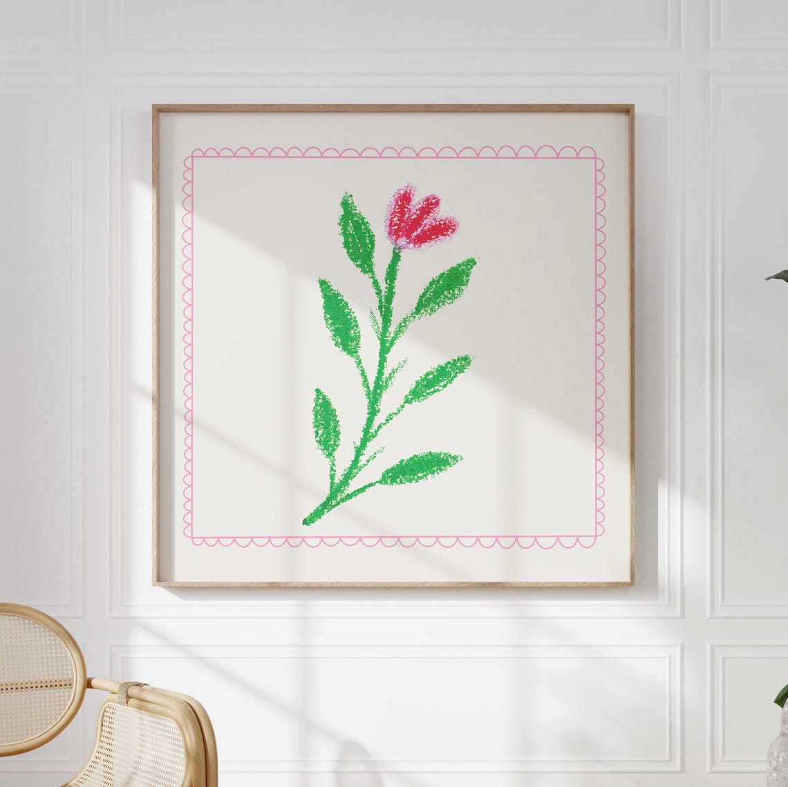 Pink Flower Doodle Green Stem Scalloped Border Playful Kids Wall Art - Image 4