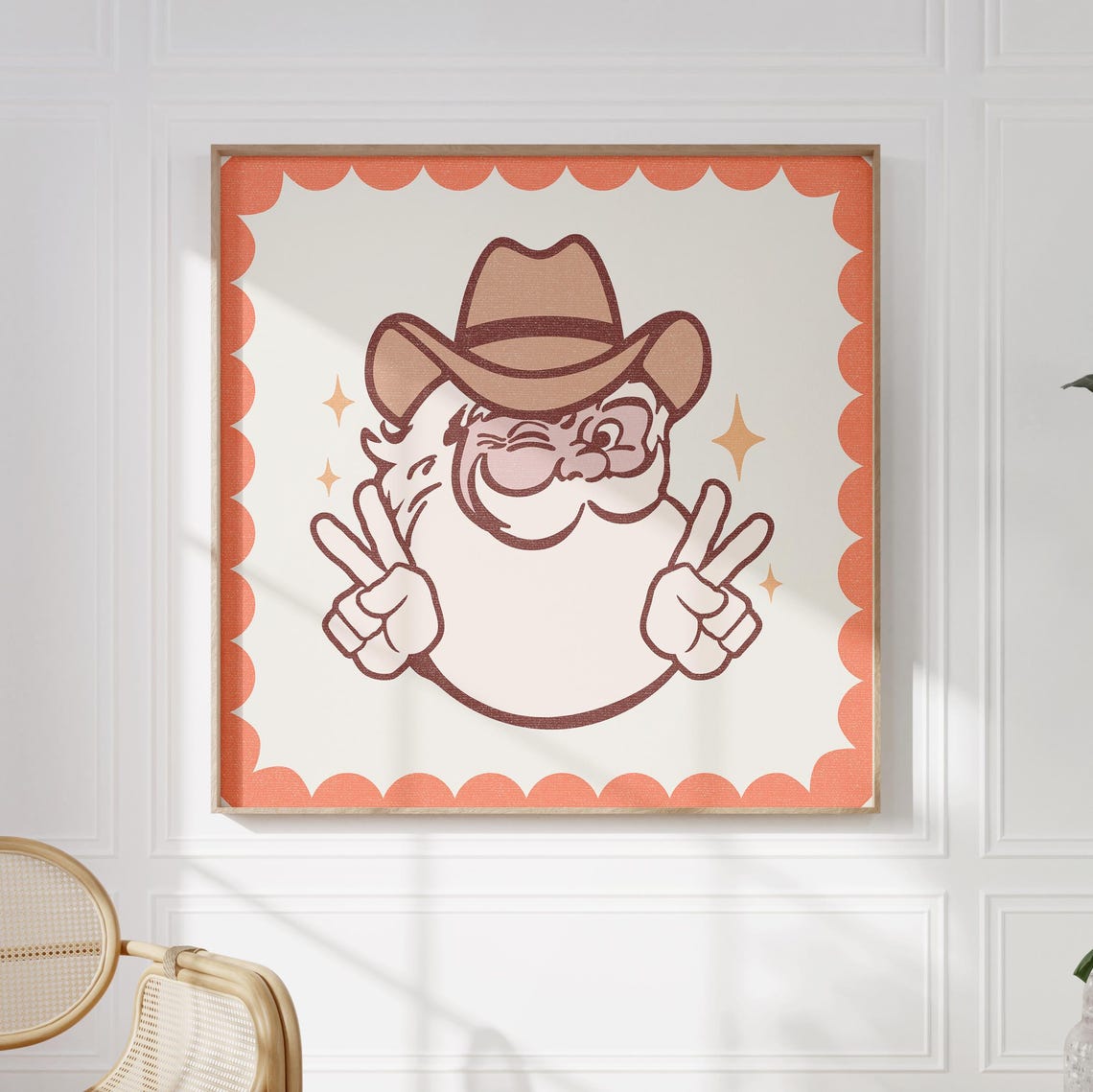 Retro Cowboy Santa Winking Peace Signs Orange Scallop Christmas Poster - Image 2