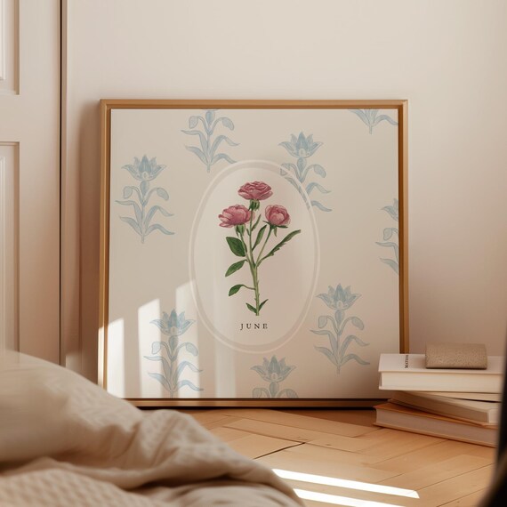 June Rose Birth Flower Blue Pattern Framed Botanical Art Poster