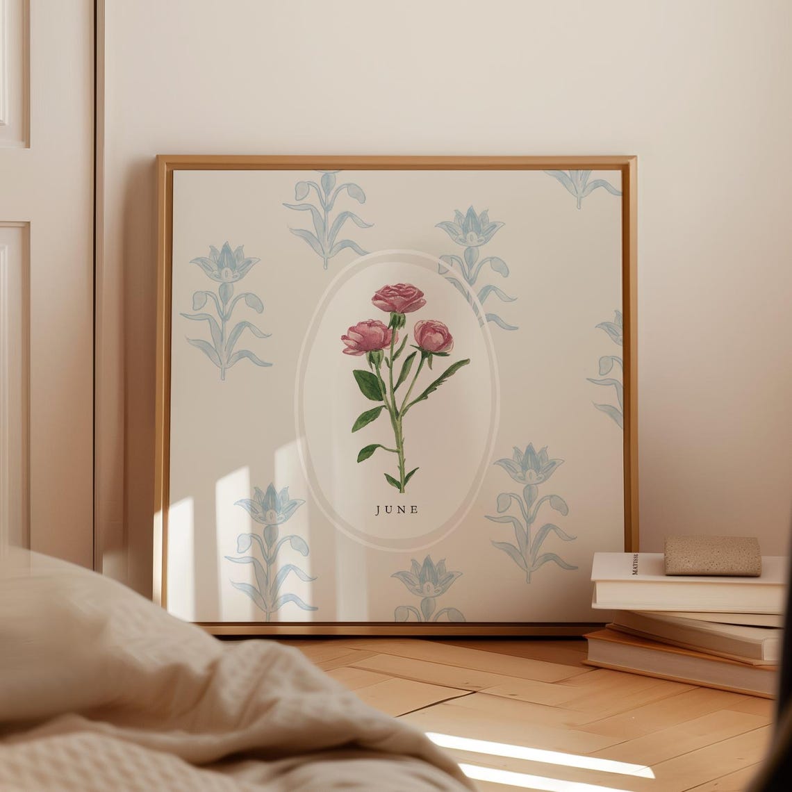 June Rose Birth Flower Blue Pattern Framed Botanical Art Poster