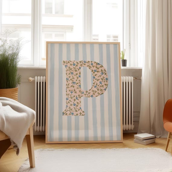 P Initial Floral Watercolor Art Print, Vintage Style