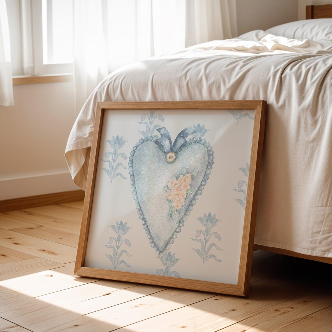 Victorian Blue Heart Locket Pillow Roses Vintage Valentine Art Poster - Image 4