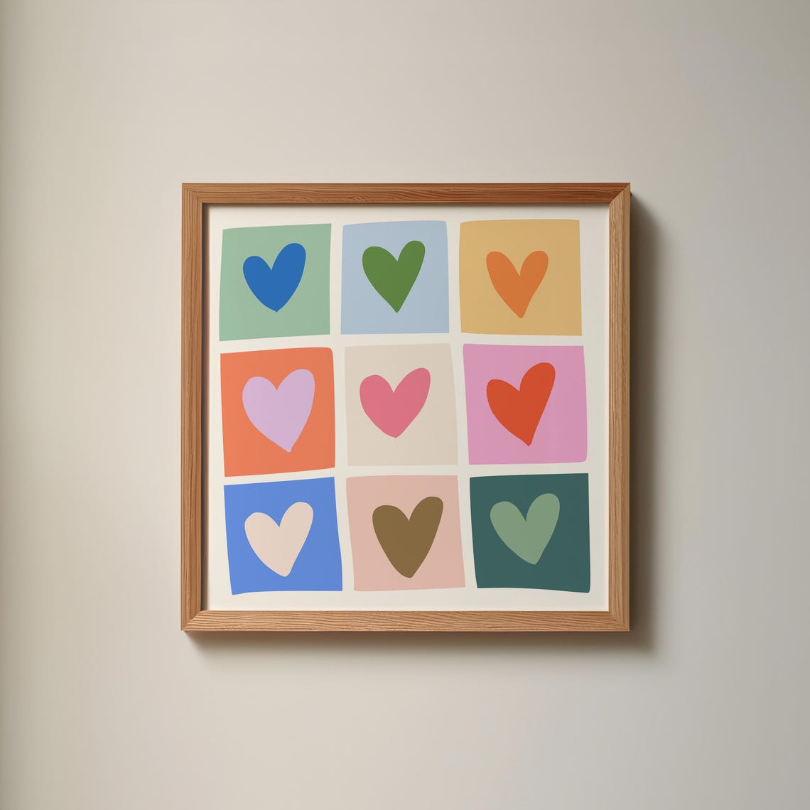 Nine Colorful Hearts Grid Pastel Blocks Playful Square Love Wall Art