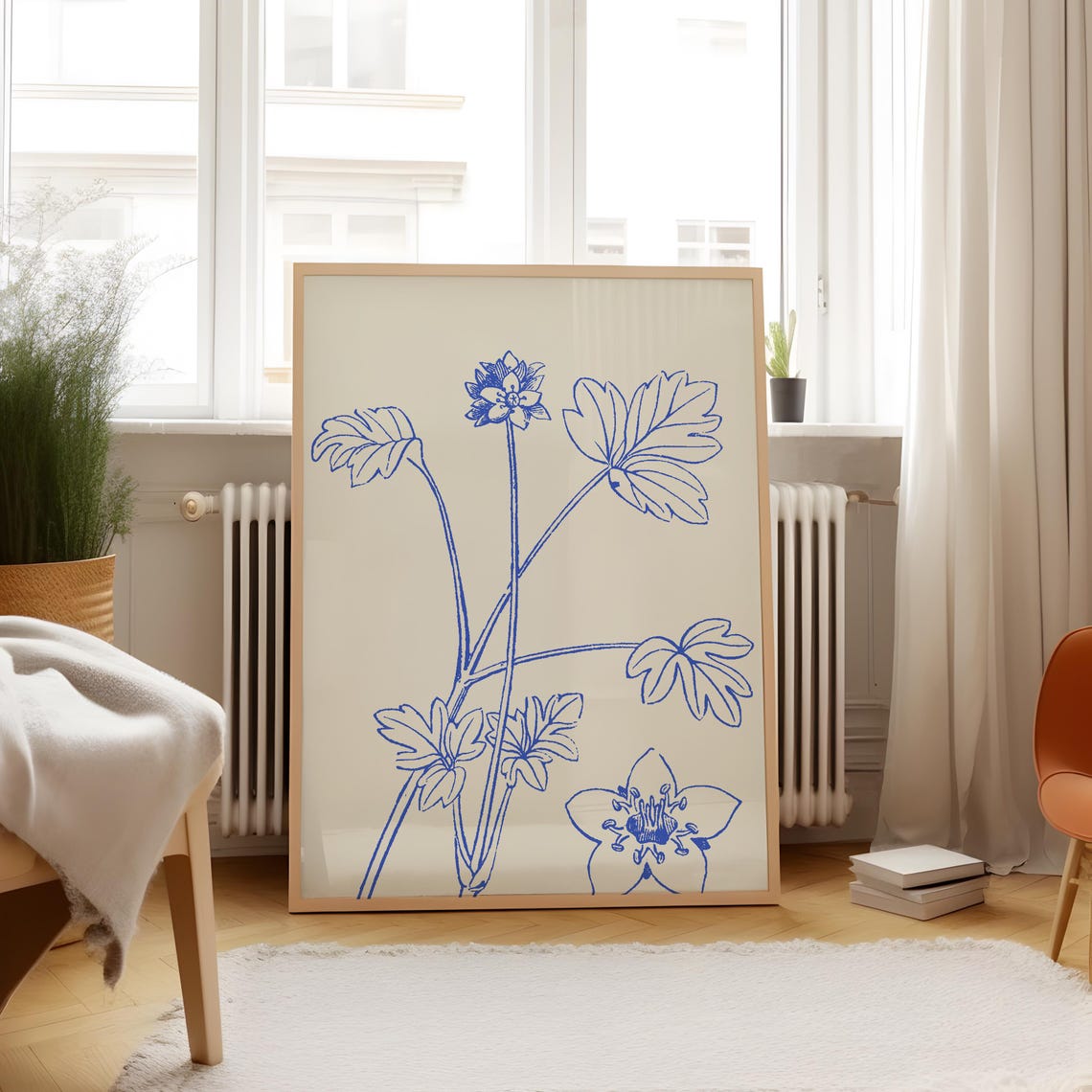Blue Line Wildflower Botanical Sketch Cream Background Vertical Poster - Image 4