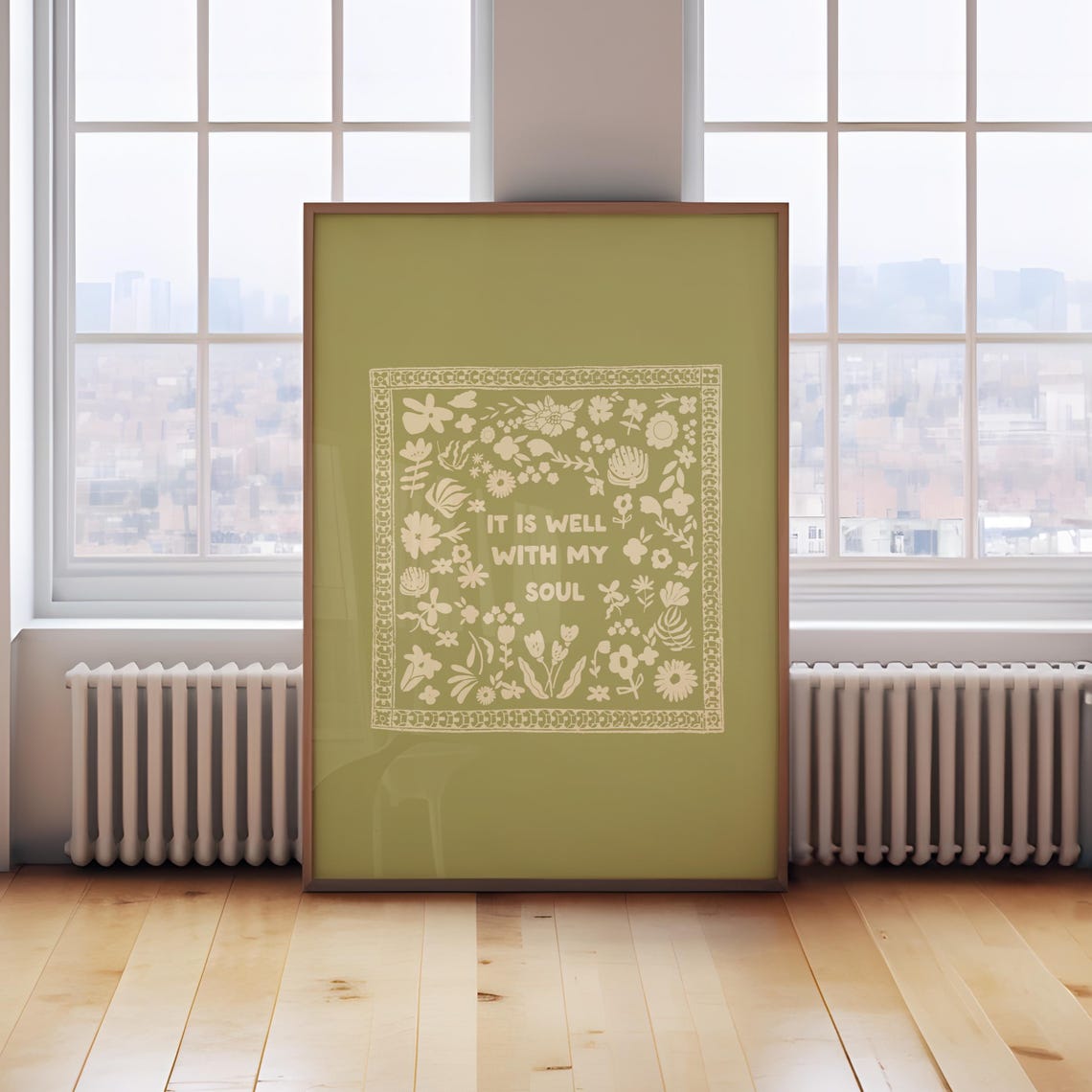 It Is Well With My Soul Cream Folk Quote Olive Green Wall Art Print - Image 3
