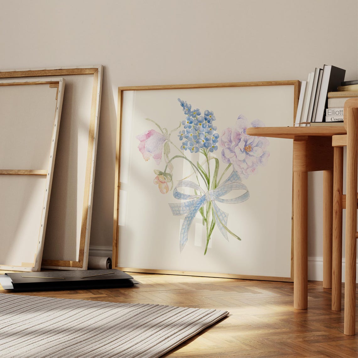 Pastel Wildflower Bouquet With Gingham Bow Watercolor Art Print - Image 3