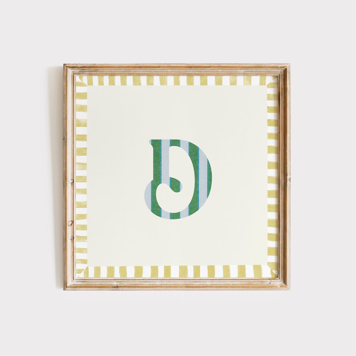Swash Letter D Green Blue Striped Monogram Cream Framed Art Print