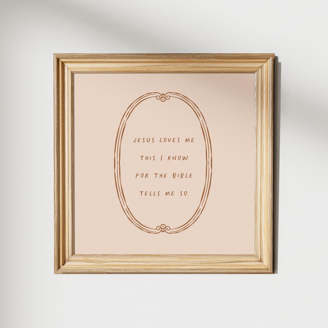 Jesus Loves Me Brown Ink Blush Oval Frame Nursery Hymn Poster
