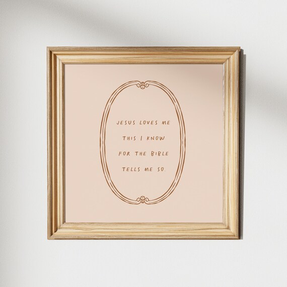Jesus Loves Me Brown Ink Blush Oval Frame Nursery Hymn Poster