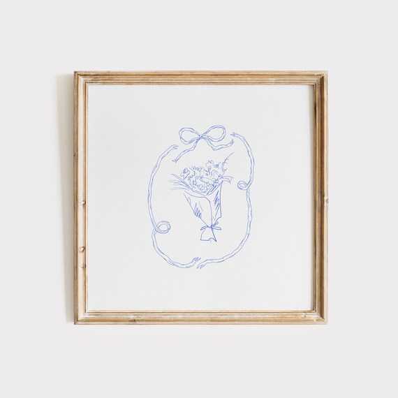 Blue Floral Bouquet With Ribbon Bow Line Drawing Decor Poster