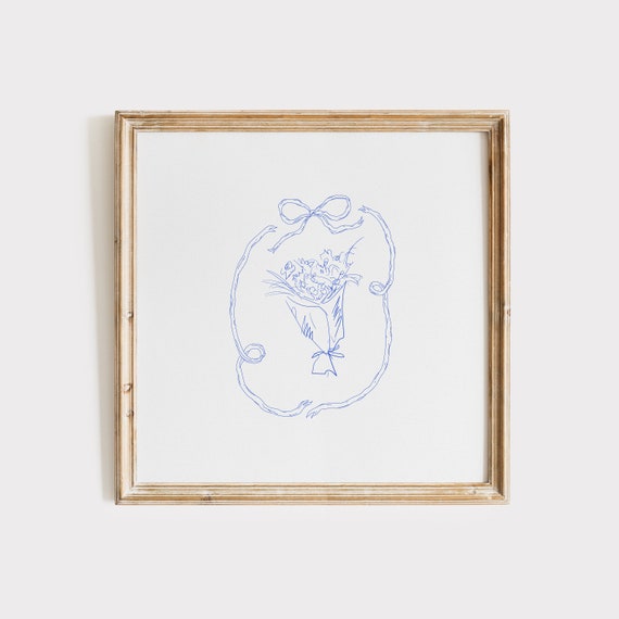 Simple Blue Bow Floral Print Instant Wall Art Trendy Decor Botanical Illustration Living Room Art Cottage Nursery