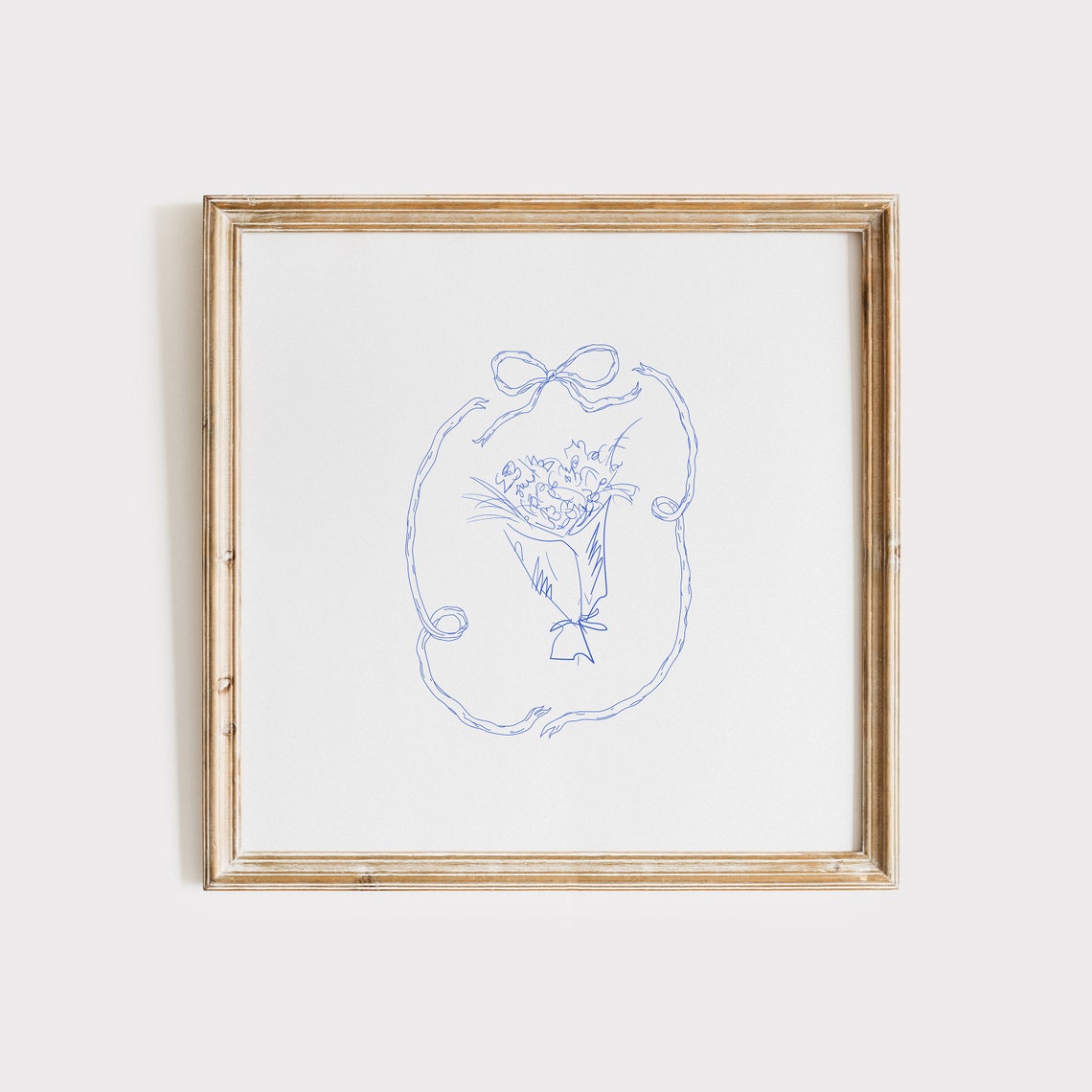 Blue Floral Bouquet With Ribbon Bow Line Drawing Decor Poster