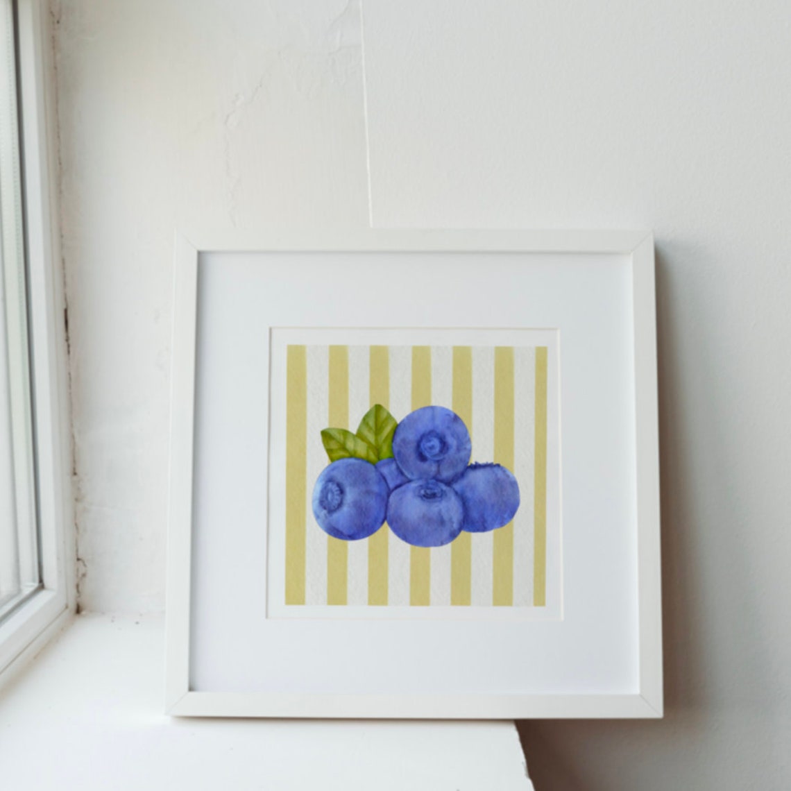 Blueberry Watercolor Cluster on Yellow Striped Square Fruit Poster - Image 2