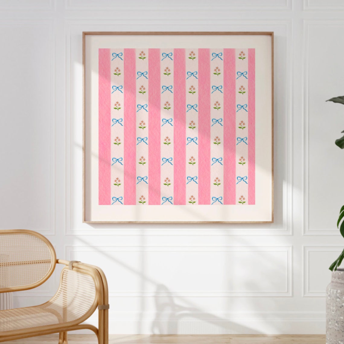 Pink Striped Floral Bows Wallpaper Pattern Square Decor Print - Image 3