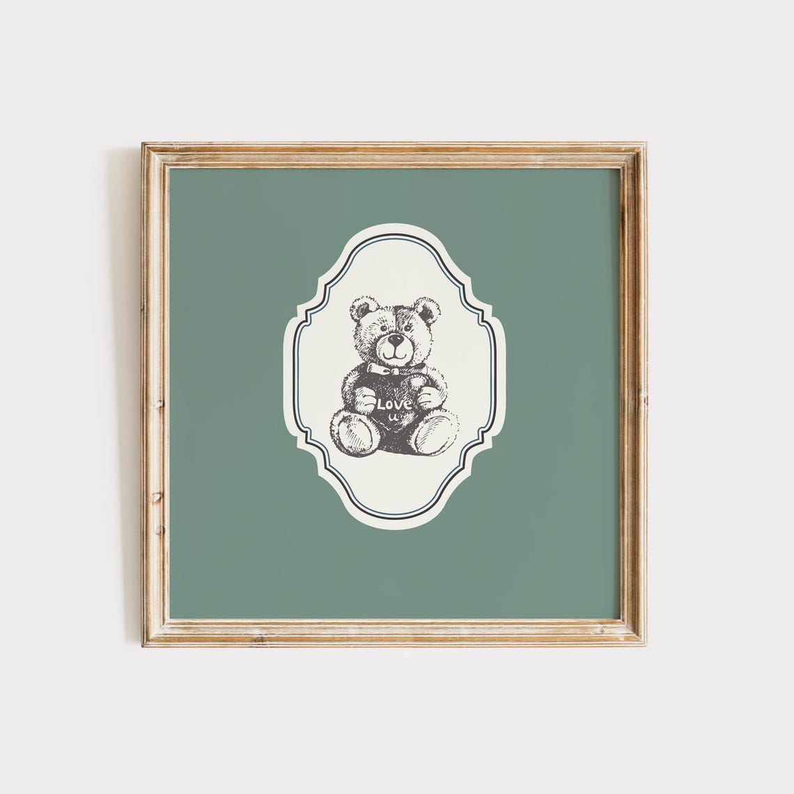 Vintage Teddy Bear Love Text Cream Medallion Green Nursery Wall Art - Image 3