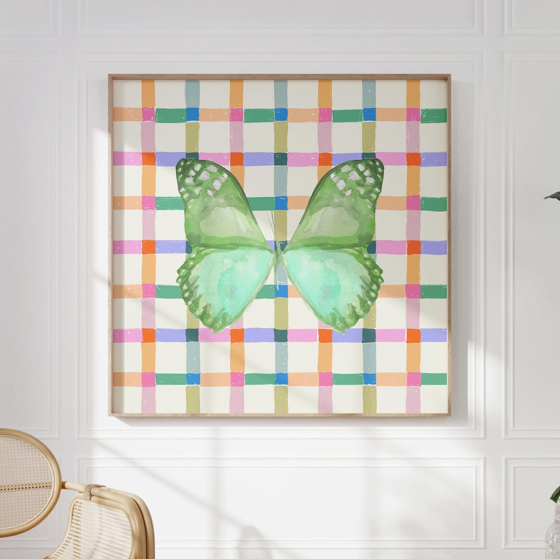 Emerald Green Butterfly Watercolor on Colorful Checkered Square Poster - Image 5