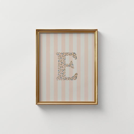 E Initial Floral Watercolor Art Print, Vintage